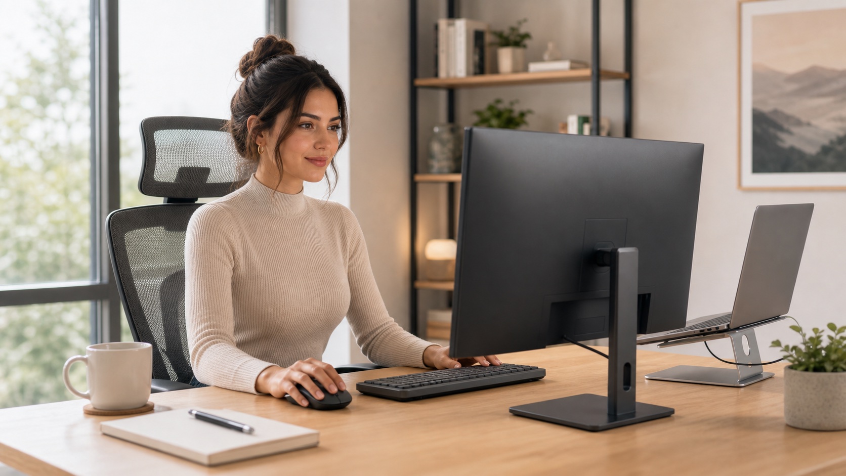 Remote worker using a budget external monitor with laptop stand, keyboard, and mouse