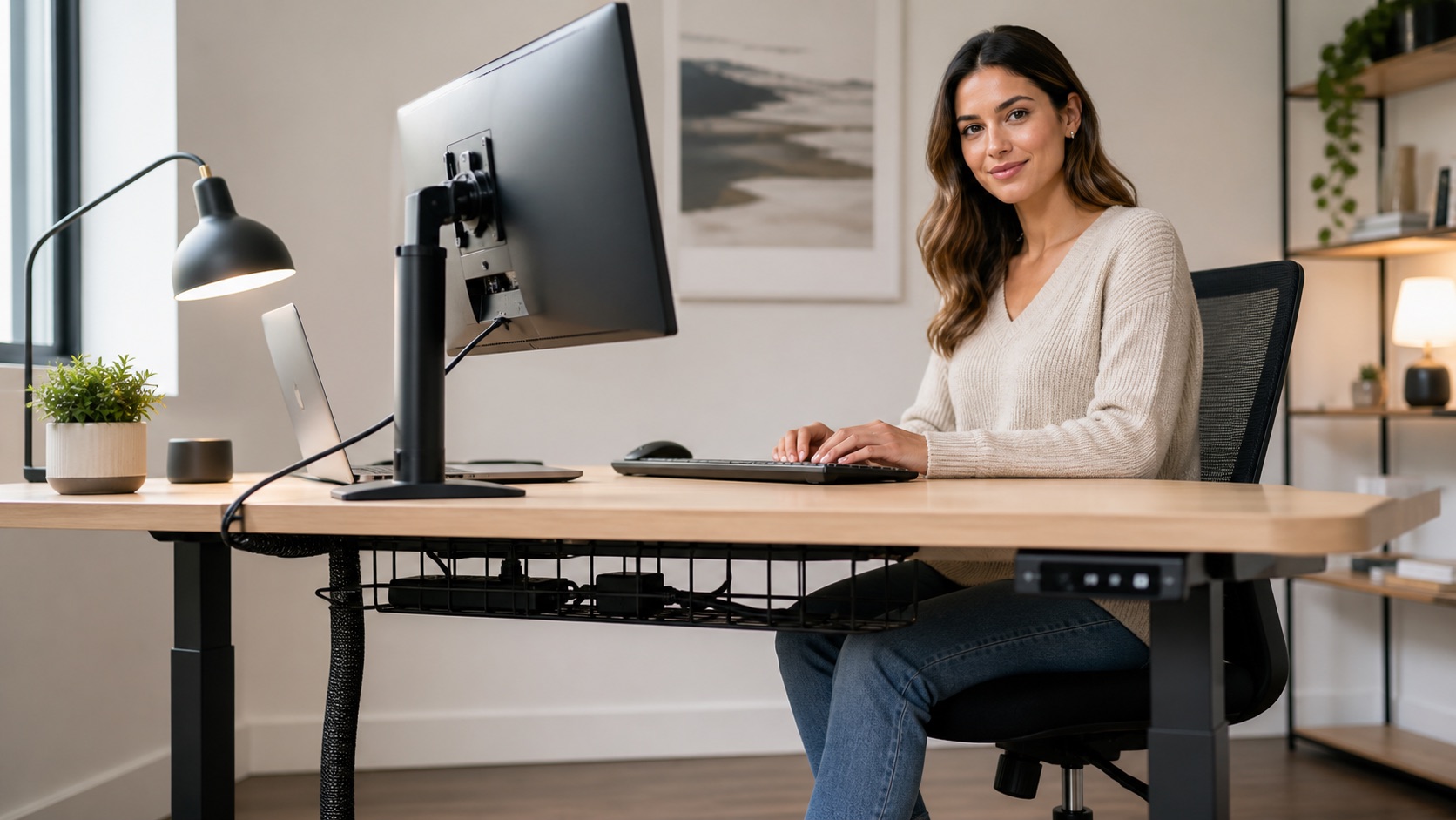 Tidy home-office desk with a cable tray and a single intentional cable run