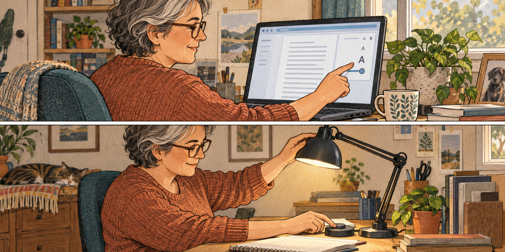 Two-panel cartoon of a home-office worker enlarging text on a laptop, then directing an adjustable lamp onto a paper notebook.