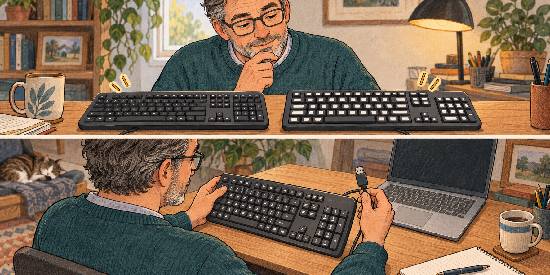 Two-panel cartoon of a home-office worker comparing keyboards with different lettering, then checking a keyboard's number pad and USB connector.