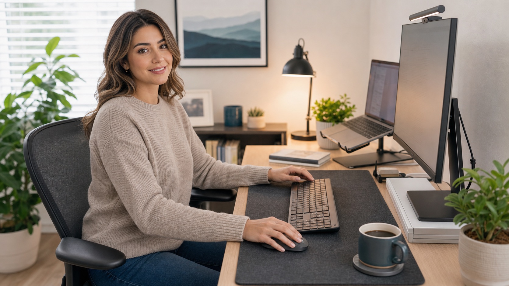 Remote worker using a low-profile keyboard and wireless mouse at a modern home office desk
