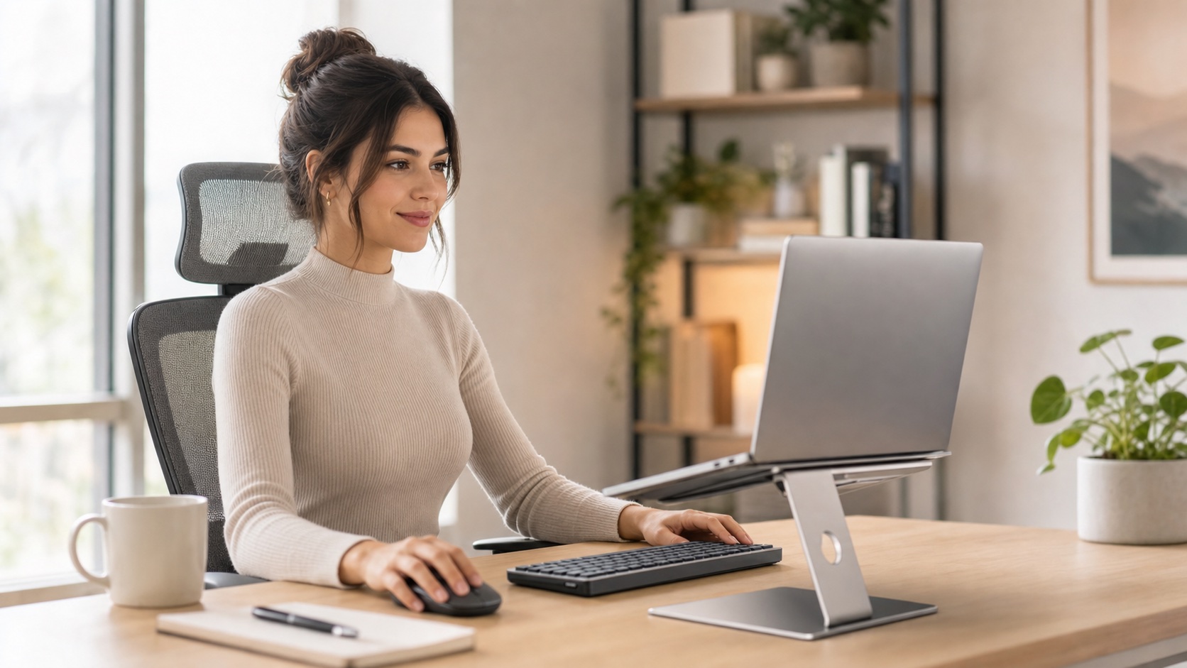 Remote worker using a laptop on an adjustable stand with an external keyboard and mouse