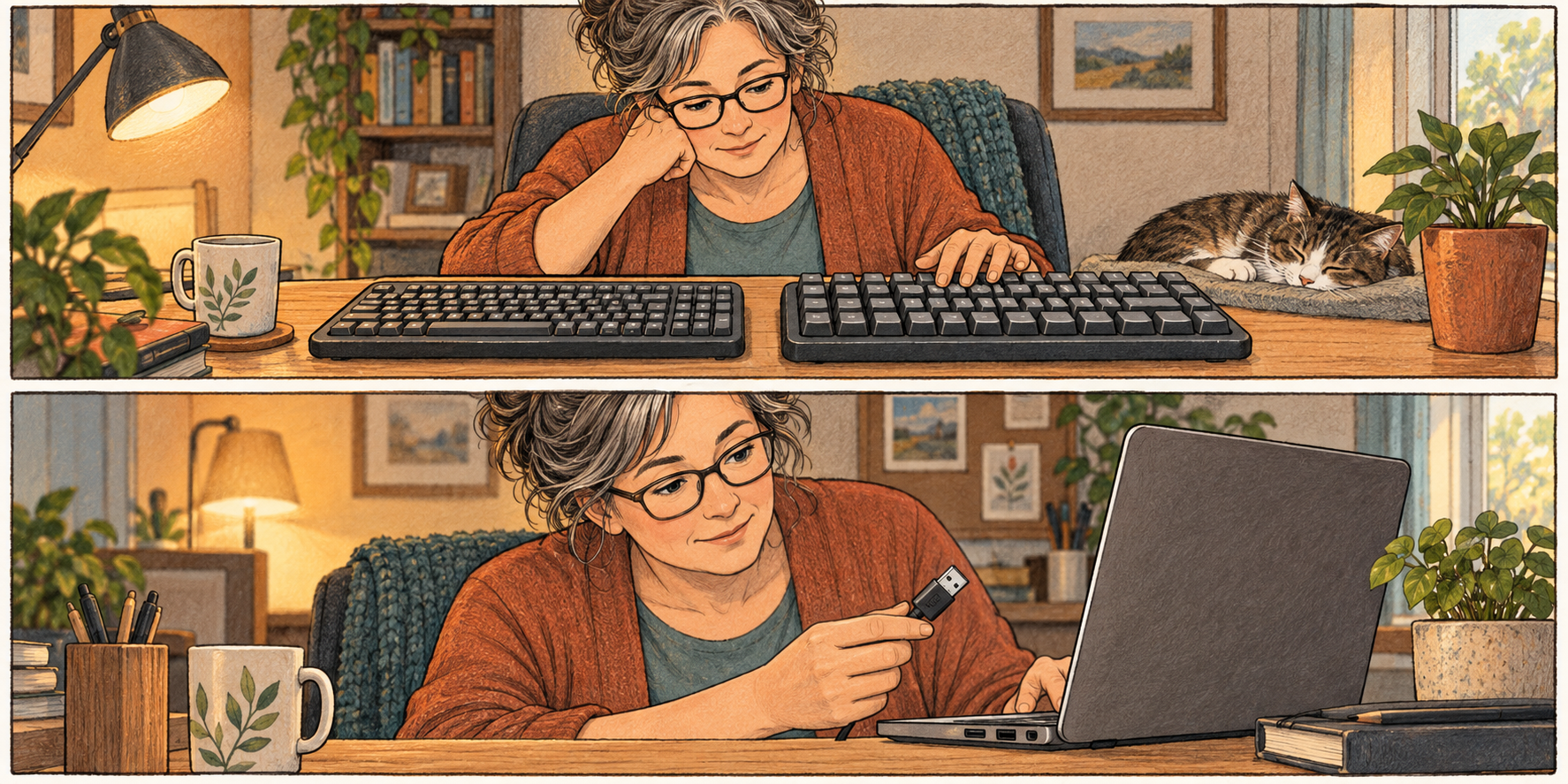 Two-panel cartoon of a home-office worker comparing keyboards, then checking a USB connector beside a laptop.