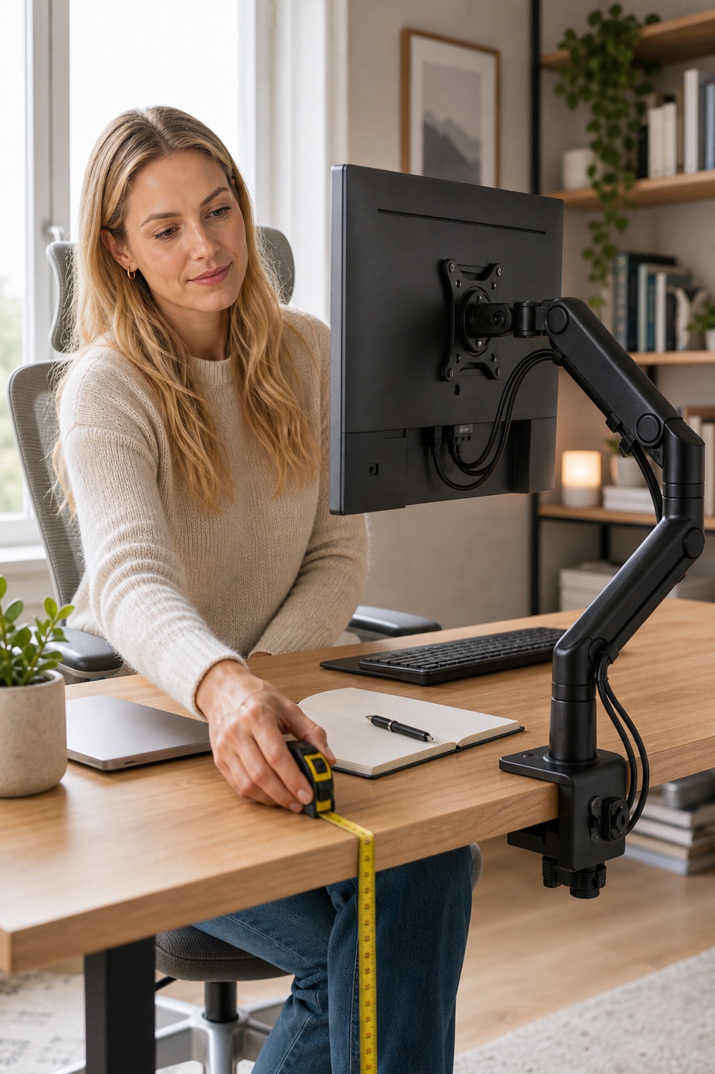 Remote worker measuring desk thickness beside a monitor arm clamp before choosing a monitor mount