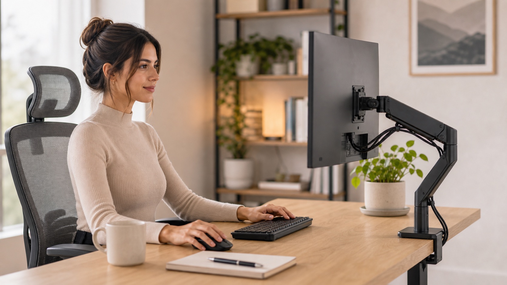 Remote worker using an external monitor mounted on a desk clamp monitor arm