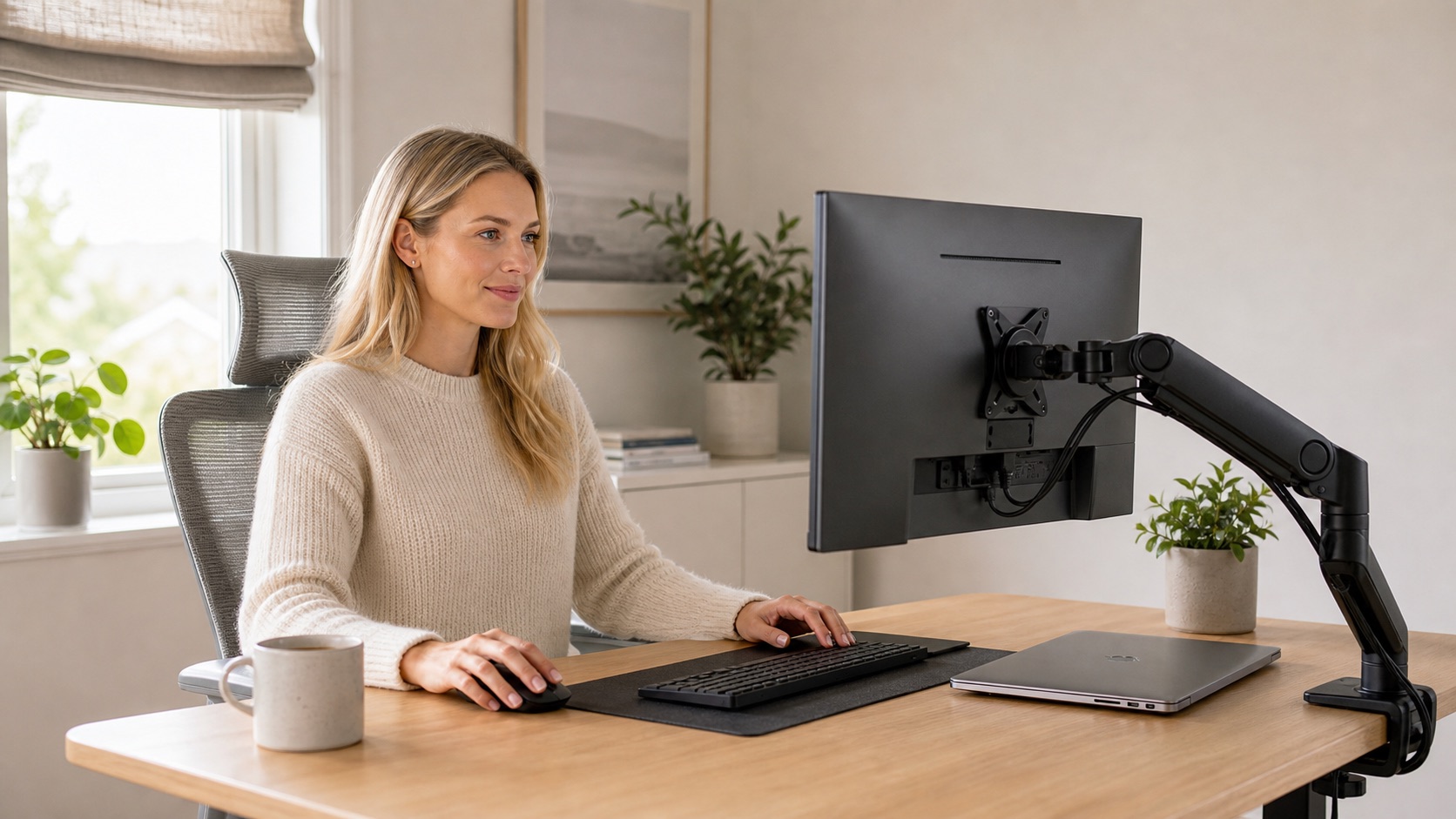 Remote worker using a monitor mounted on a black articulating arm with visible VESA mount, desk clamp, and clean cable routing
