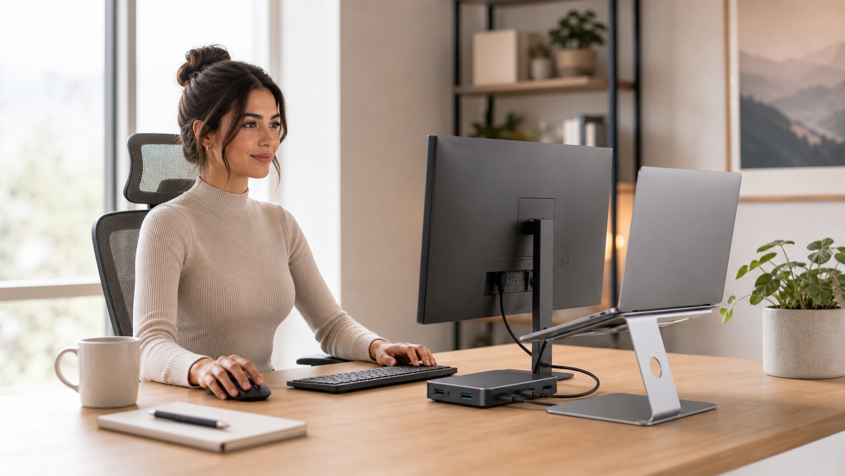 Remote worker using a USB-C docking station with monitor, laptop stand, keyboard, and mouse