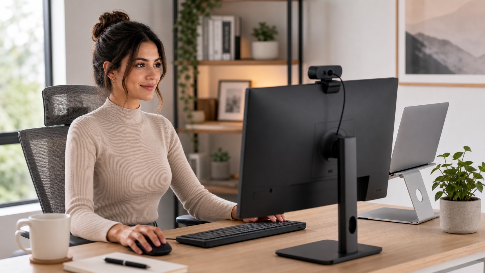 Home office monitor setup with an external webcam, laptop stand, keyboard, and soft natural lighting