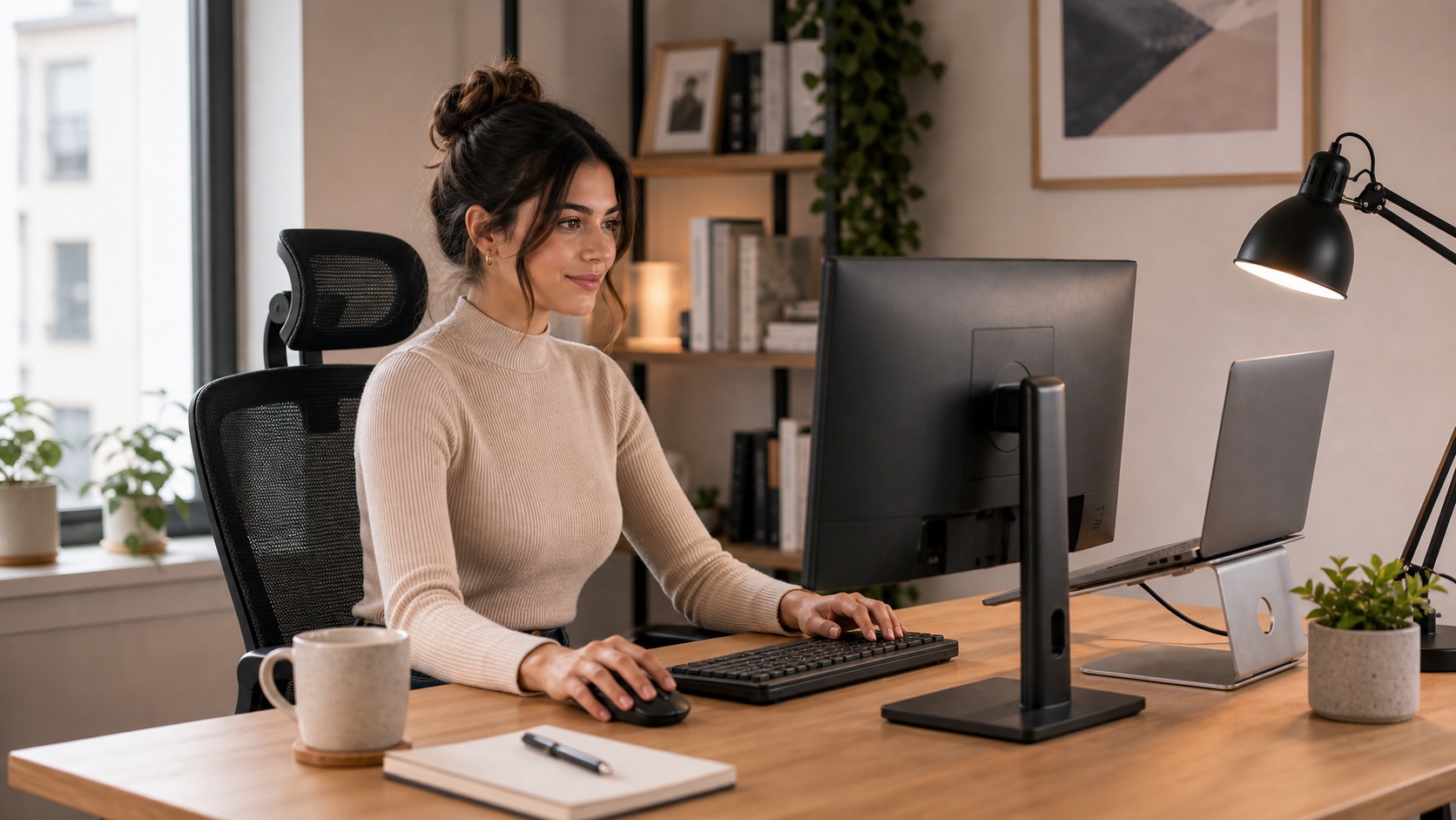 Budget work-from-home setup with laptop stand, monitor, keyboard, mouse, and desk lamp