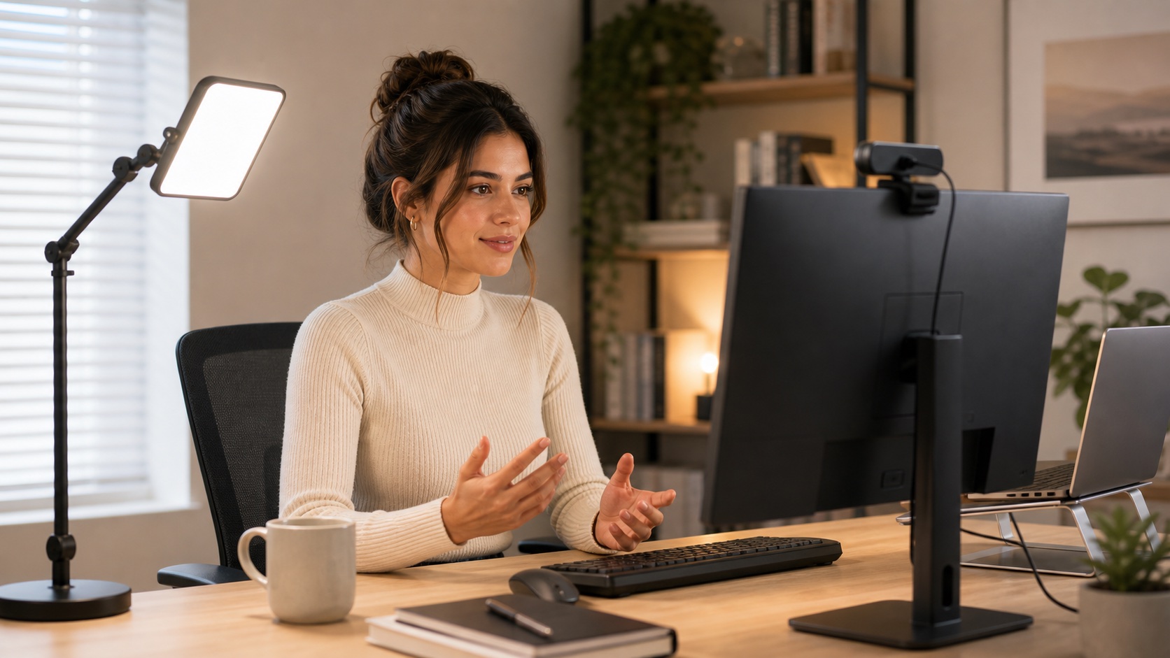 Remote worker on a video call with soft front lighting and a webcam at eye level