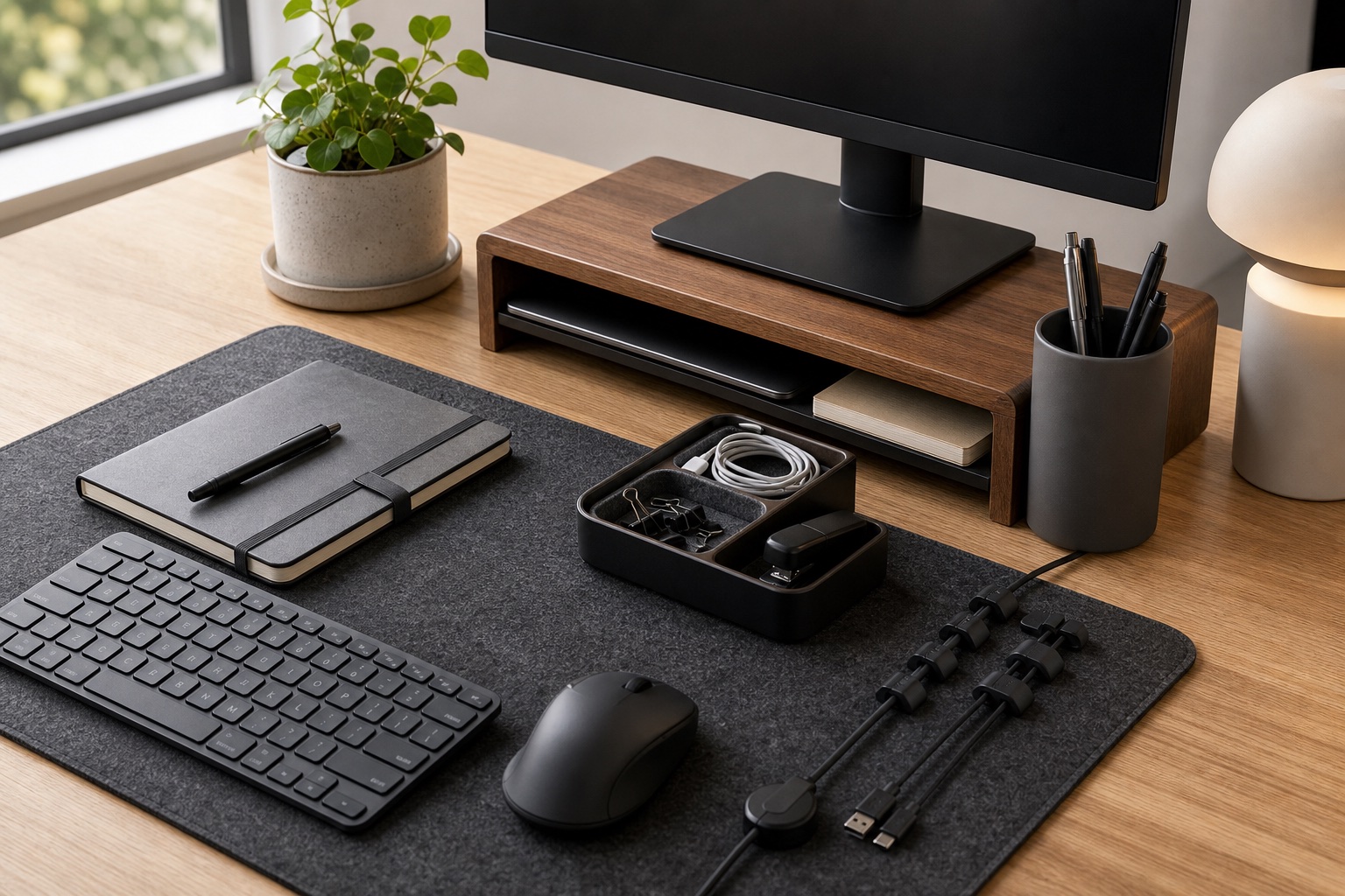 Desk accessories and organizers on a tidy home office desk