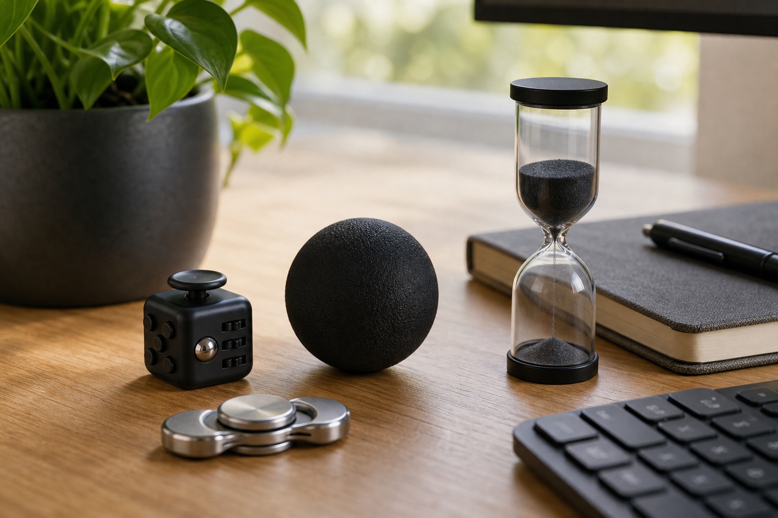 Focus-friendly desk toys and stress relief items on a work desk
