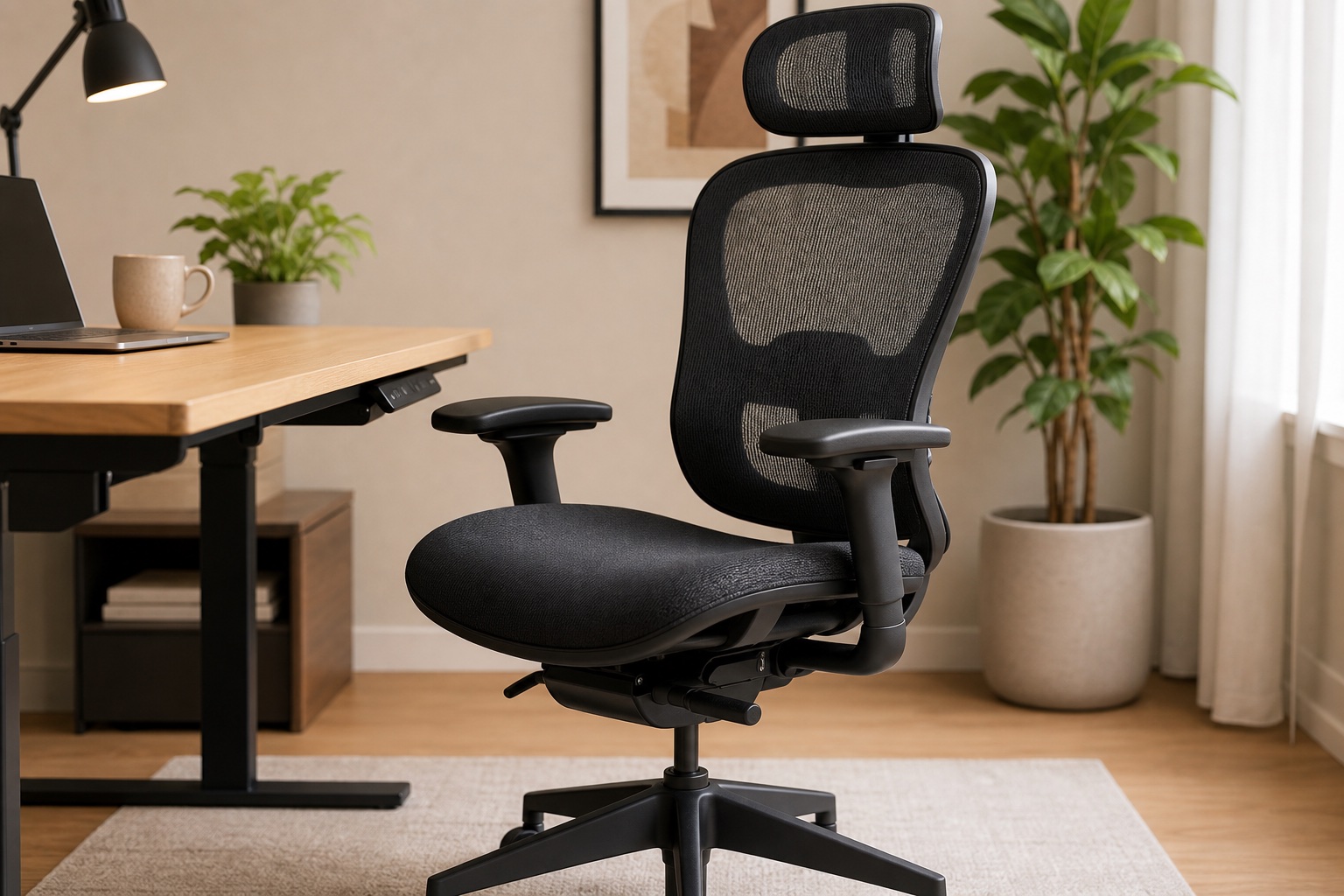 Ergonomic office chair beside a home office desk