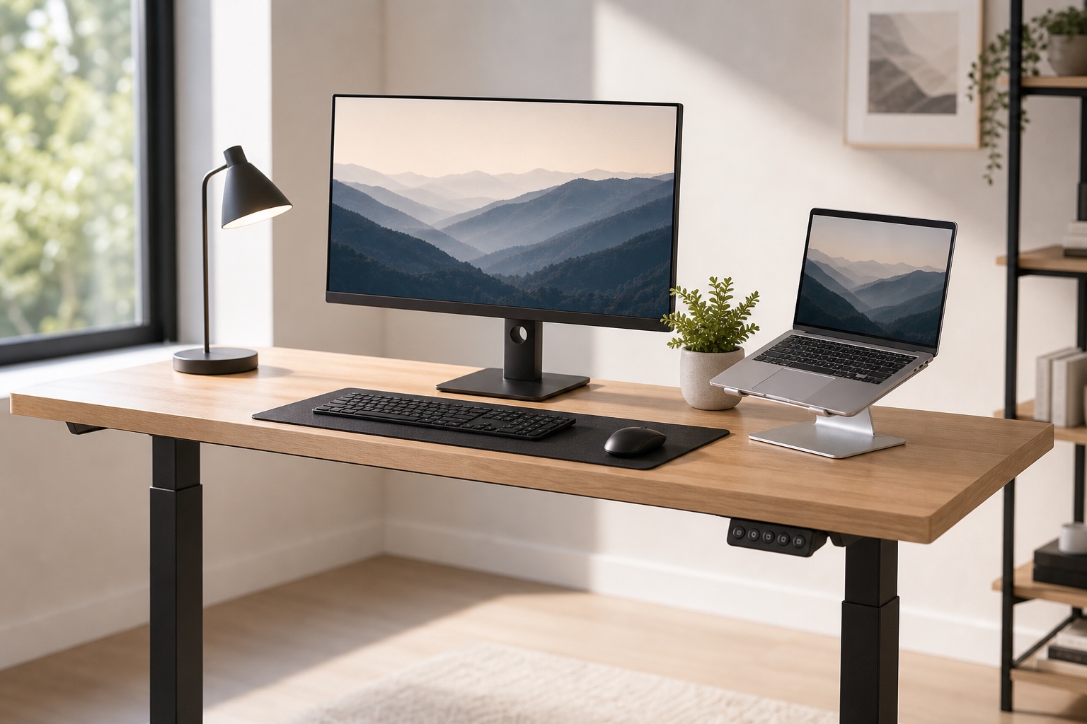Adjustable standing desk with monitor, laptop stand, keyboard, and mouse