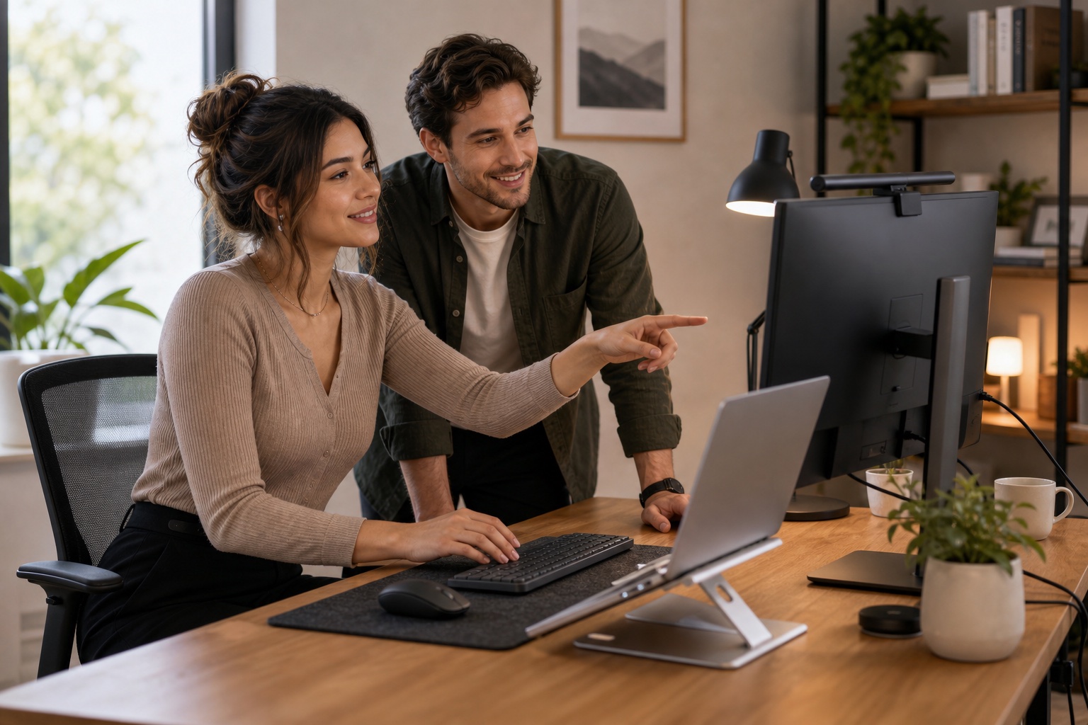 Two remote workers reviewing a comfortable home office setup with a laptop stand, monitor, keyboard, and desk lamp