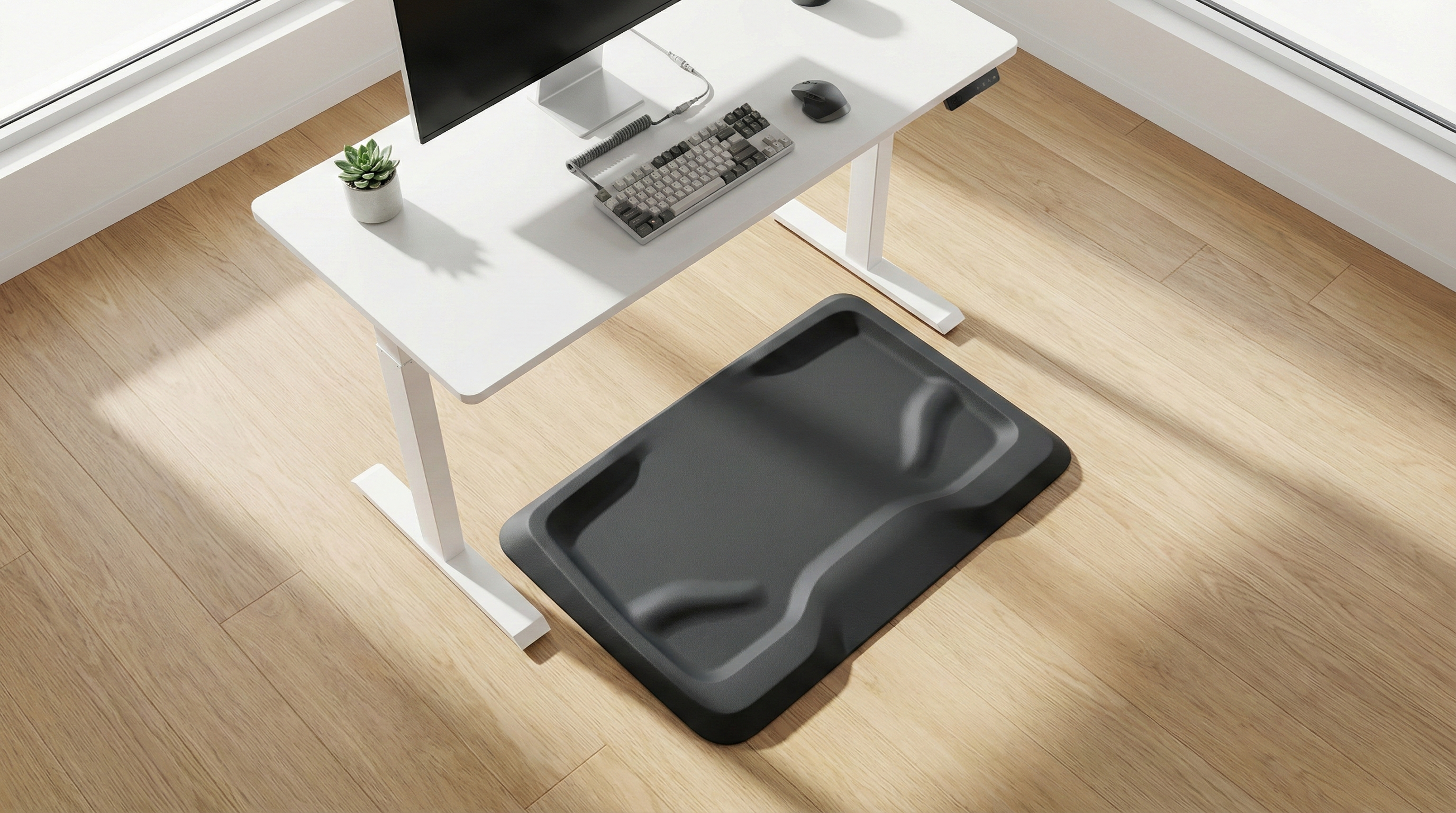 Person standing on anti-fatigue mat at standing desk, showing proper posture and mat placement