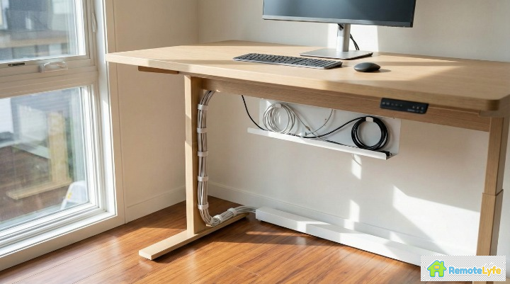Standing desk with organized cable management - cable tray and spine visible