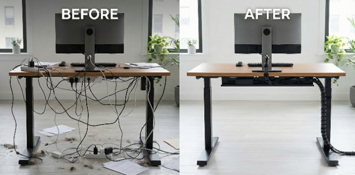 Close-up of service loop showing proper cable slack with Velcro tie